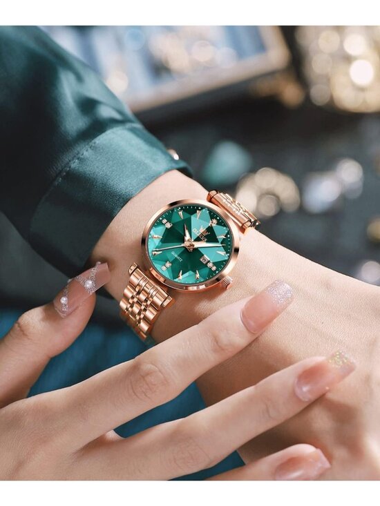 Women\'s Green Diamond Rose Gold Stainless Steel Waterproof Quartz Luxury Watch main image 6
